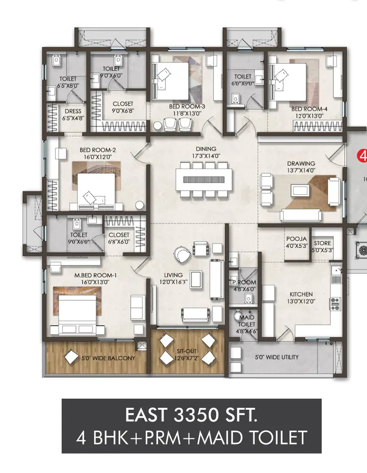 Floor Plan SSI Fortune Grande - 4BHK (3350 sqft) East Facing